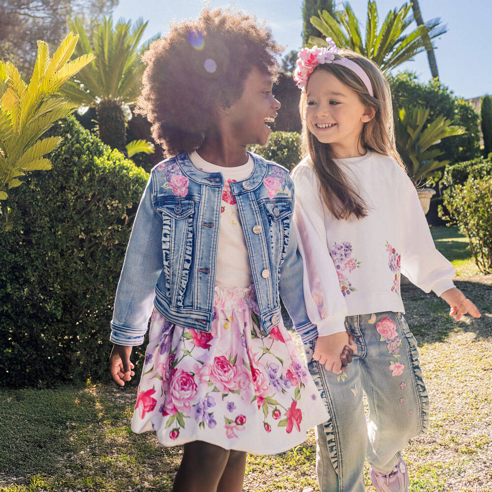Monnalisa-Girls Blue Denim Jacket with Frills & Floral Embroidery | Childrensalon