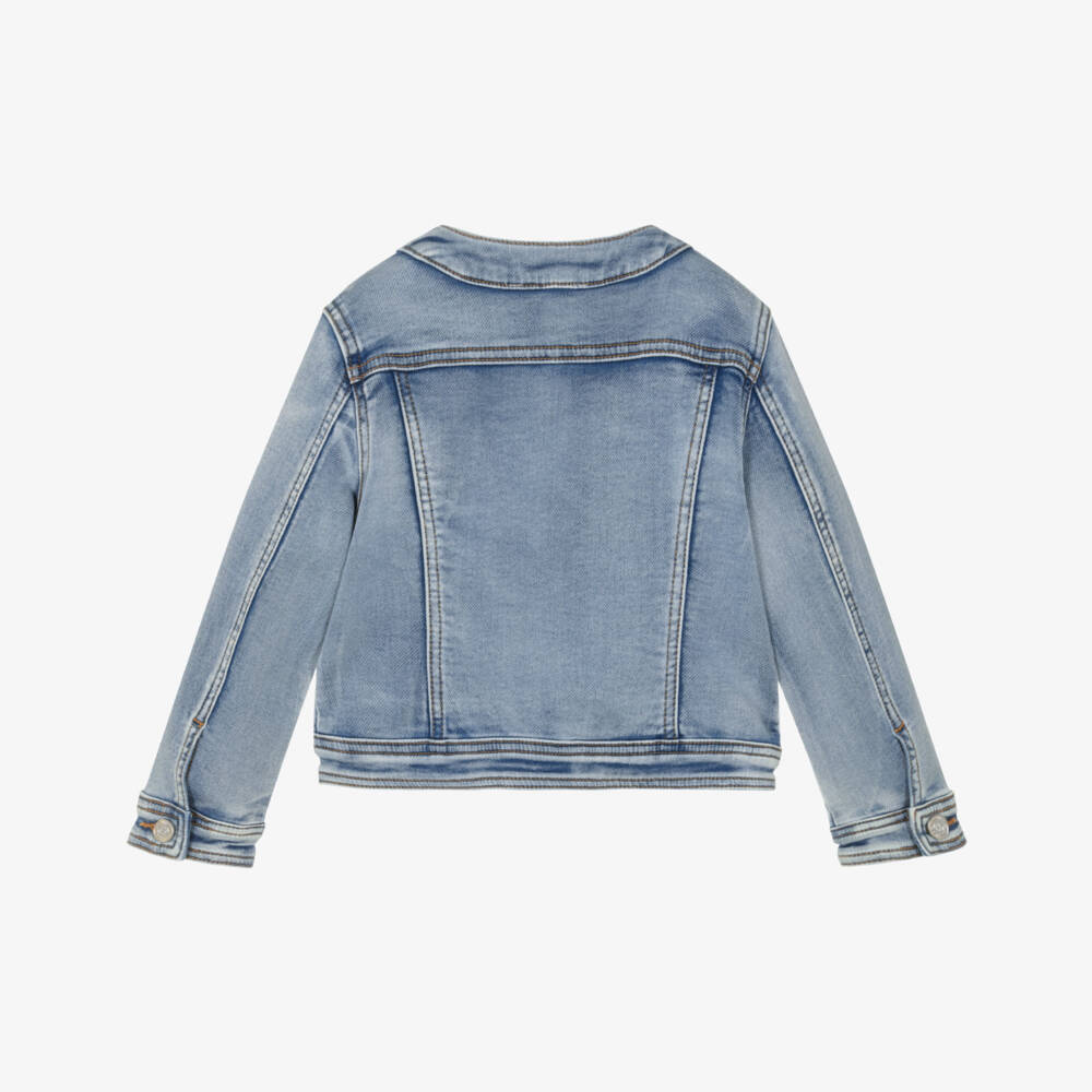 Monnalisa-Girls Blue Denim Jacket with Frills & Floral Embroidery | Childrensalon