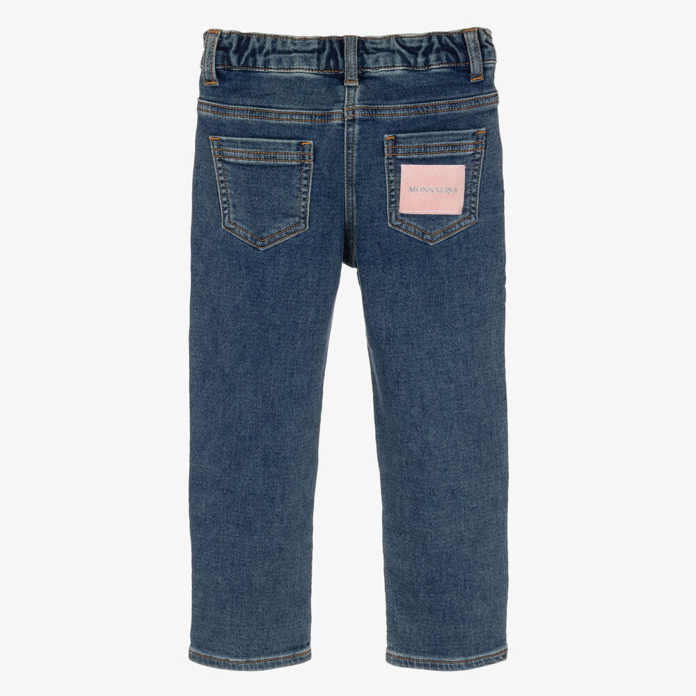 Monnalisa-Girls Blue Denim Jeans with Embroidered Pink Roses | Childrensalon