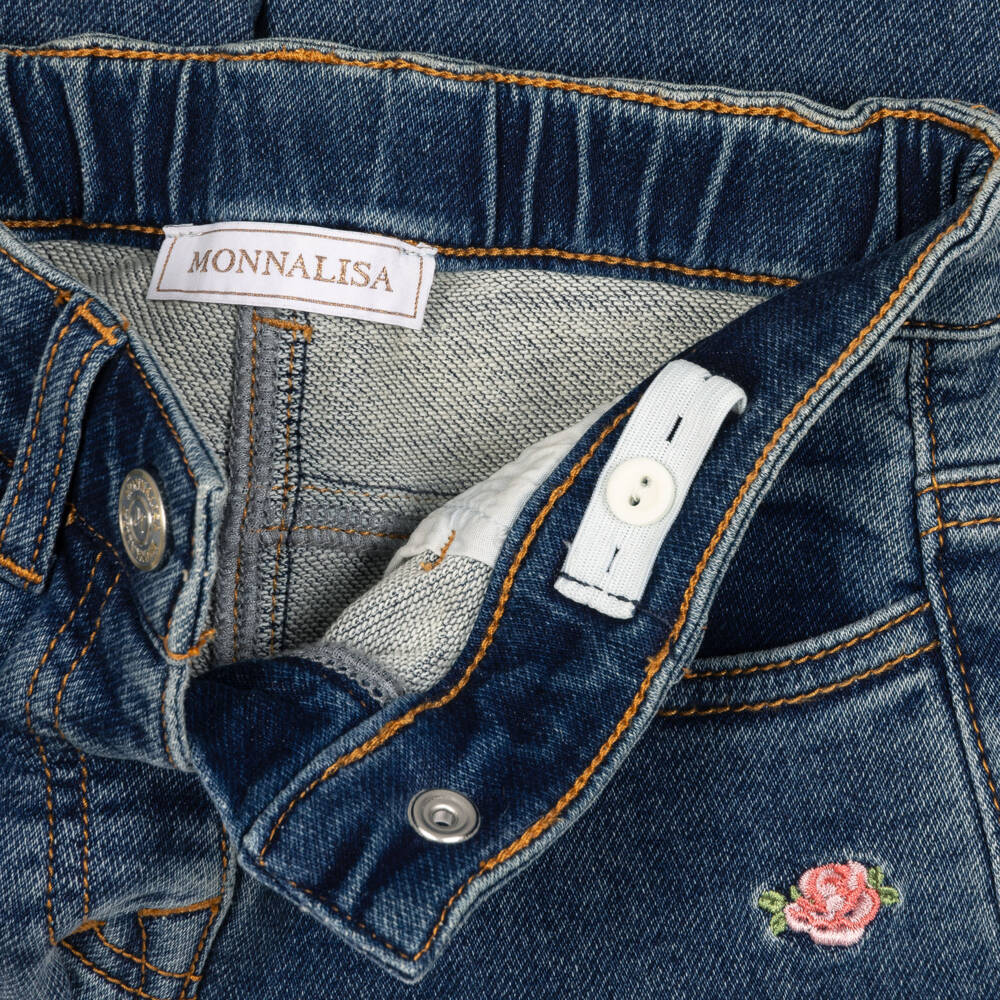 Monnalisa-Girls Blue Denim Jeans with Embroidered Pink Roses | Childrensalon