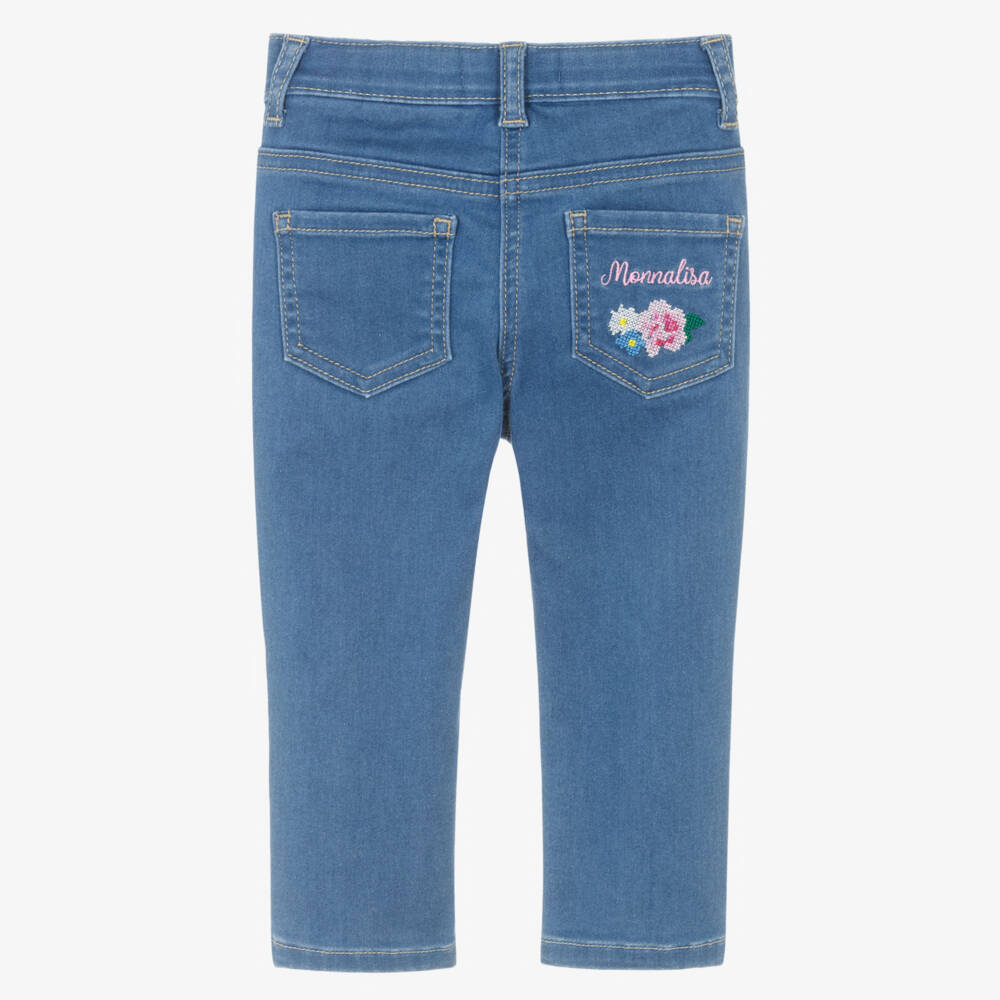 Monnalisa-Girls Blue Denim Jeans with Floral Cross Stitch Embroidery | Childrensalon