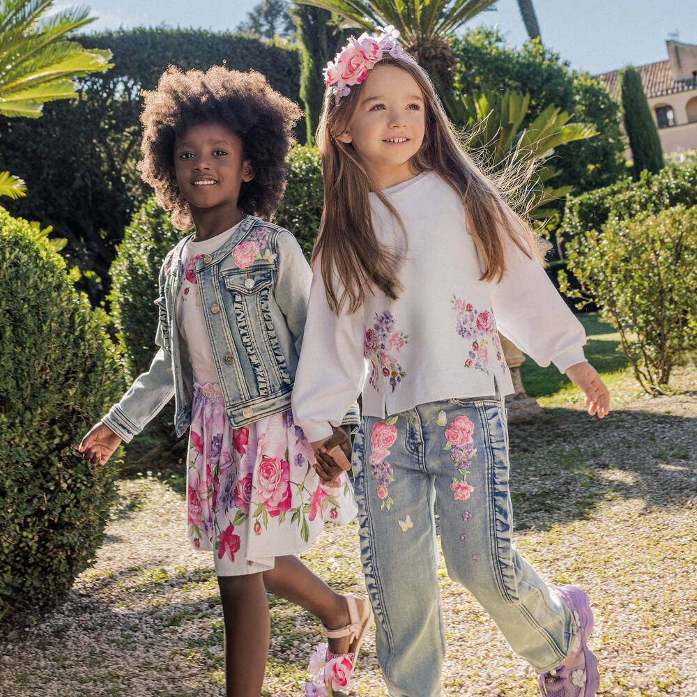 Monnalisa-Girls Blue Denim Jeans with Frills & Floral Embroidery | Childrensalon