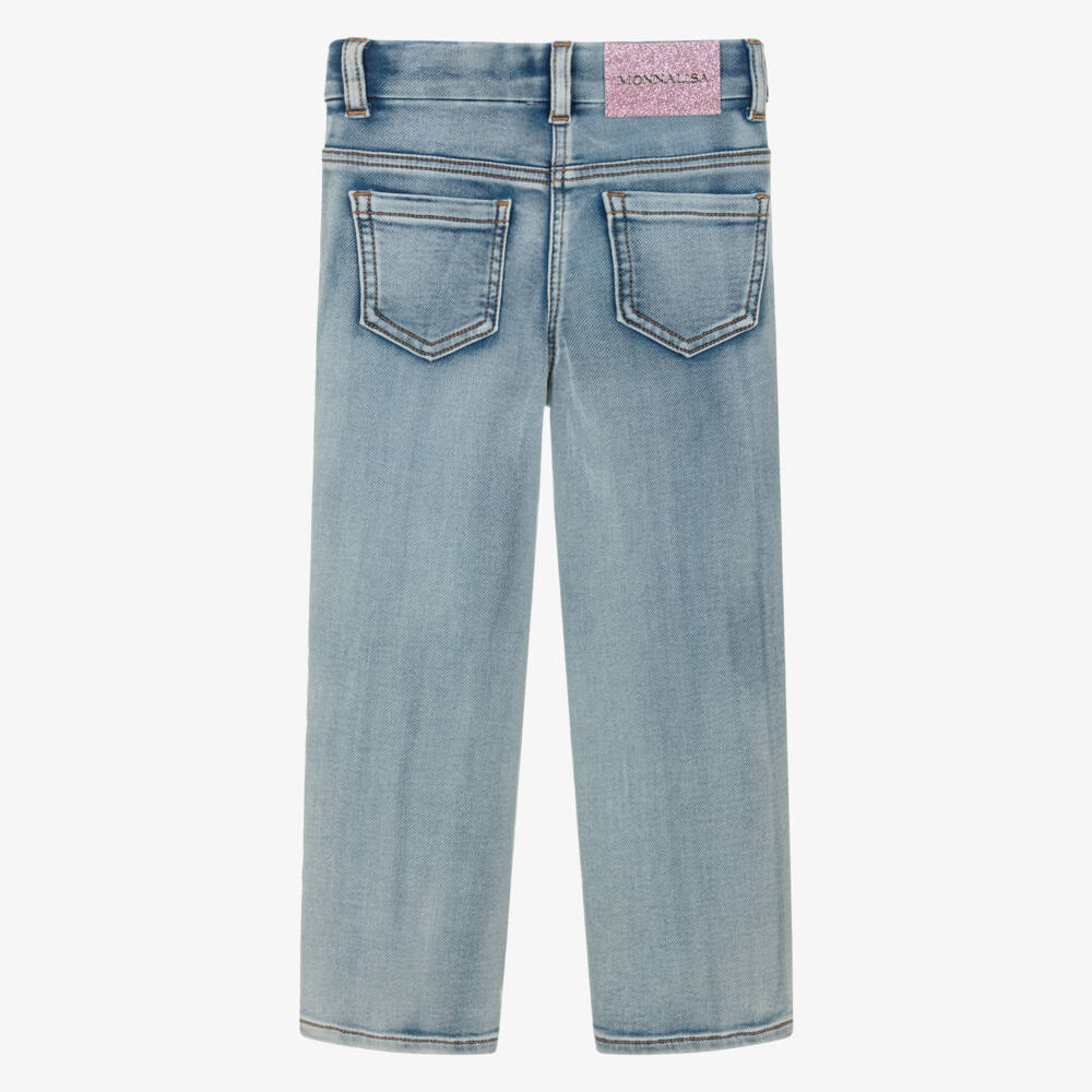 Monnalisa-Girls Blue Denim Jeans with Frills & Floral Embroidery | Childrensalon