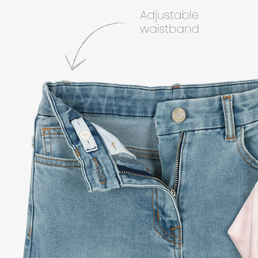 Monnalisa Chic-Girls Blue Denim Jeans with Pink Satin Bow & Side Stripe | Childrensalon
