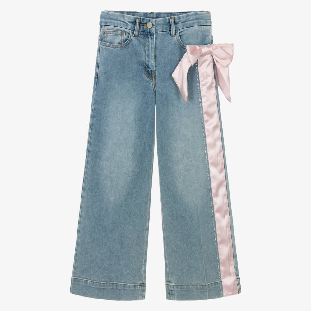 Monnalisa Chic-Girls Blue Denim Jeans with Pink Satin Bow & Side Stripe | Childrensalon