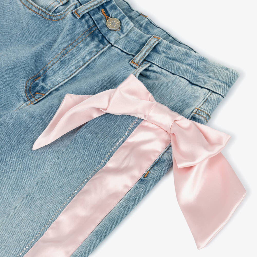 Monnalisa Chic-Girls Blue Denim Jeans with Pink Satin Bow & Side Stripe | Childrensalon