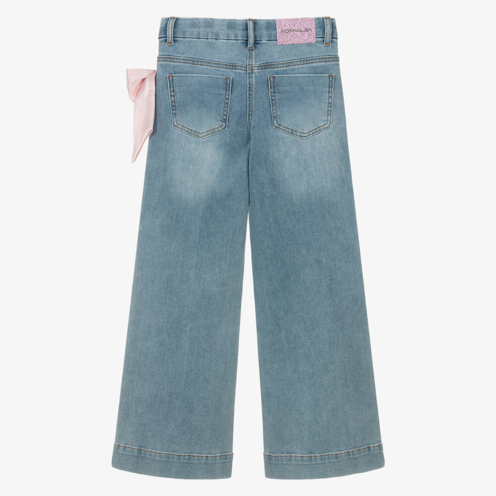 Monnalisa Chic-Girls Blue Denim Jeans with Pink Satin Bow & Side Stripe | Childrensalon