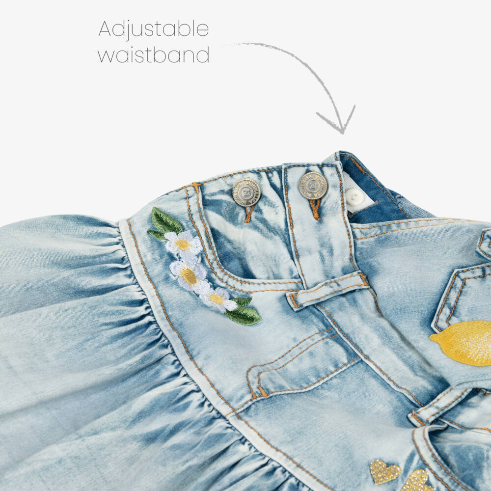 Monnalisa-Girls Blue Denim Pinafore Dress with Lemon Embroidery | Childrensalon