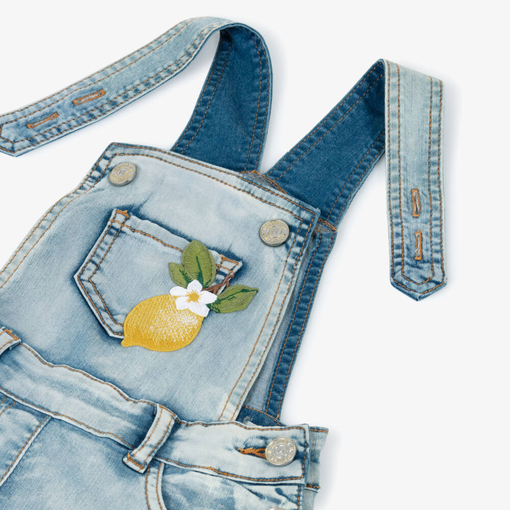 Monnalisa-Girls Blue Denim Pinafore Dress with Lemon Embroidery | Childrensalon