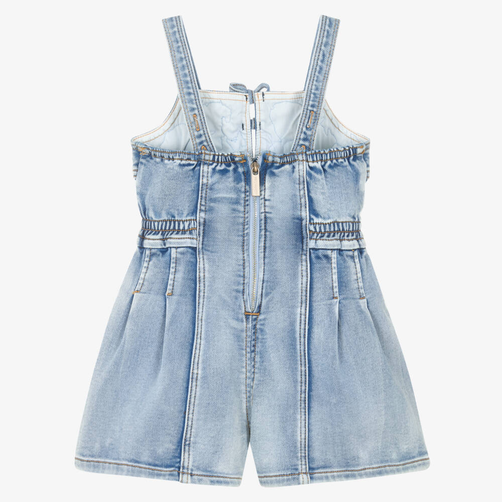 Monnalisa-Girls Blue Denim Playsuit with Floral Embroidery | Childrensalon