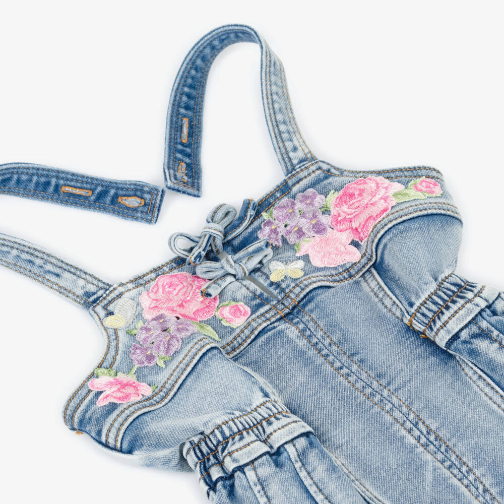 Monnalisa-Girls Blue Denim Playsuit with Floral Embroidery | Childrensalon