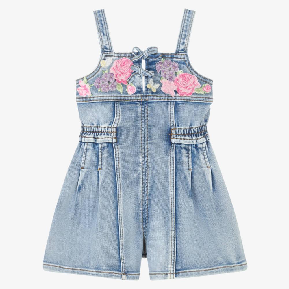 Monnalisa-Girls Blue Denim Playsuit with Floral Embroidery | Childrensalon