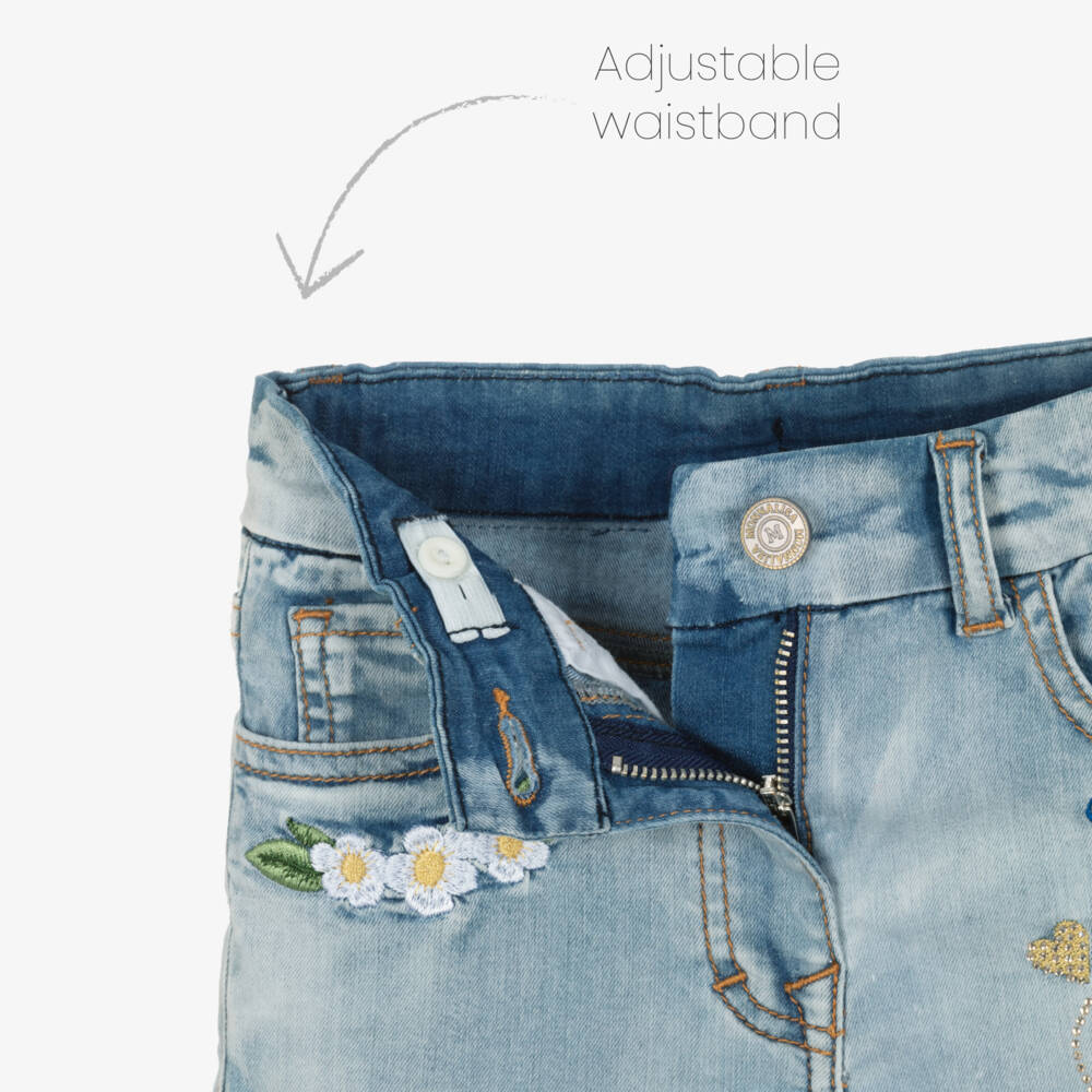 Monnalisa-Girls Blue Denim Shorts with Tinkerbell Embroidery | Childrensalon