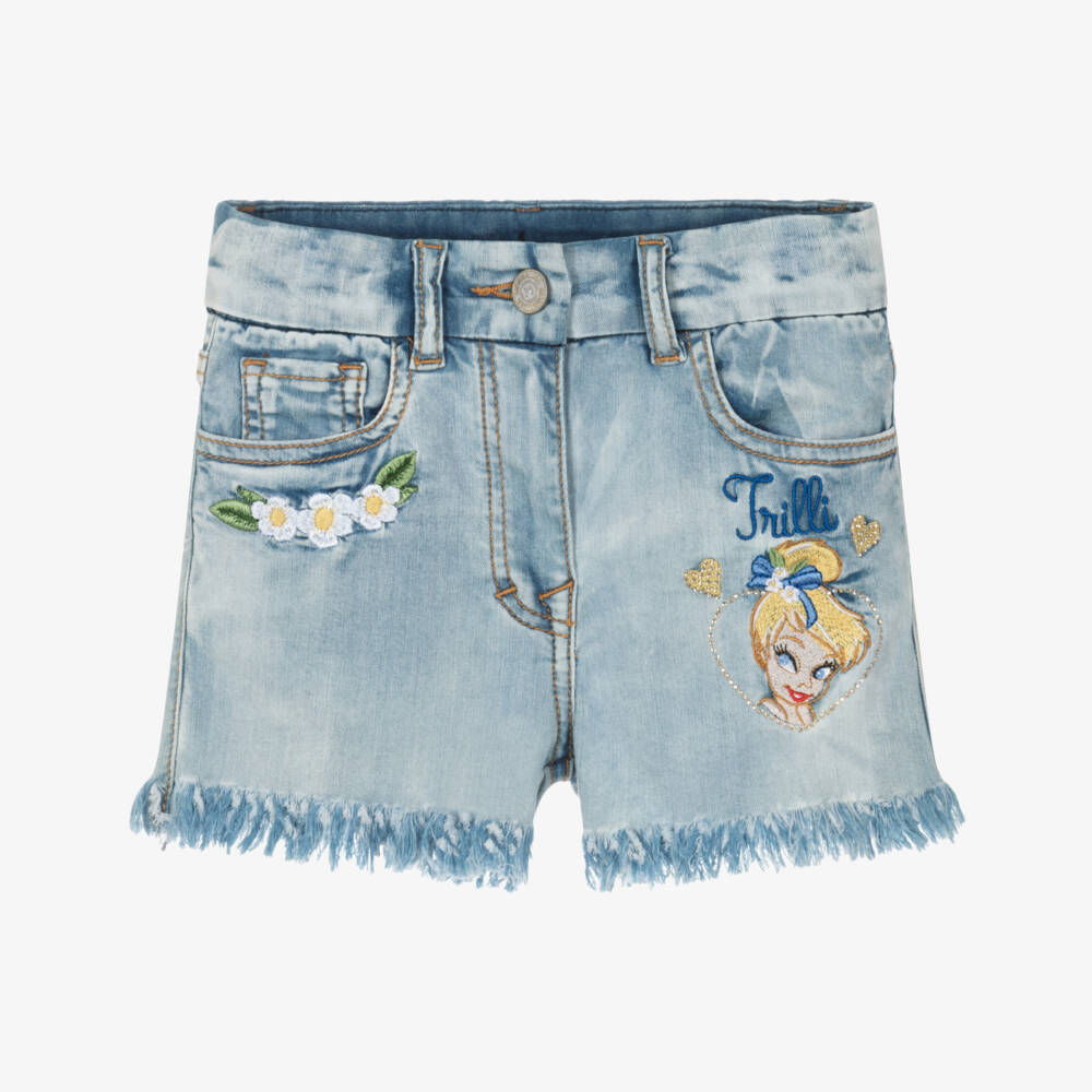 Monnalisa-Girls Blue Denim Shorts with Tinkerbell Embroidery | Childrensalon