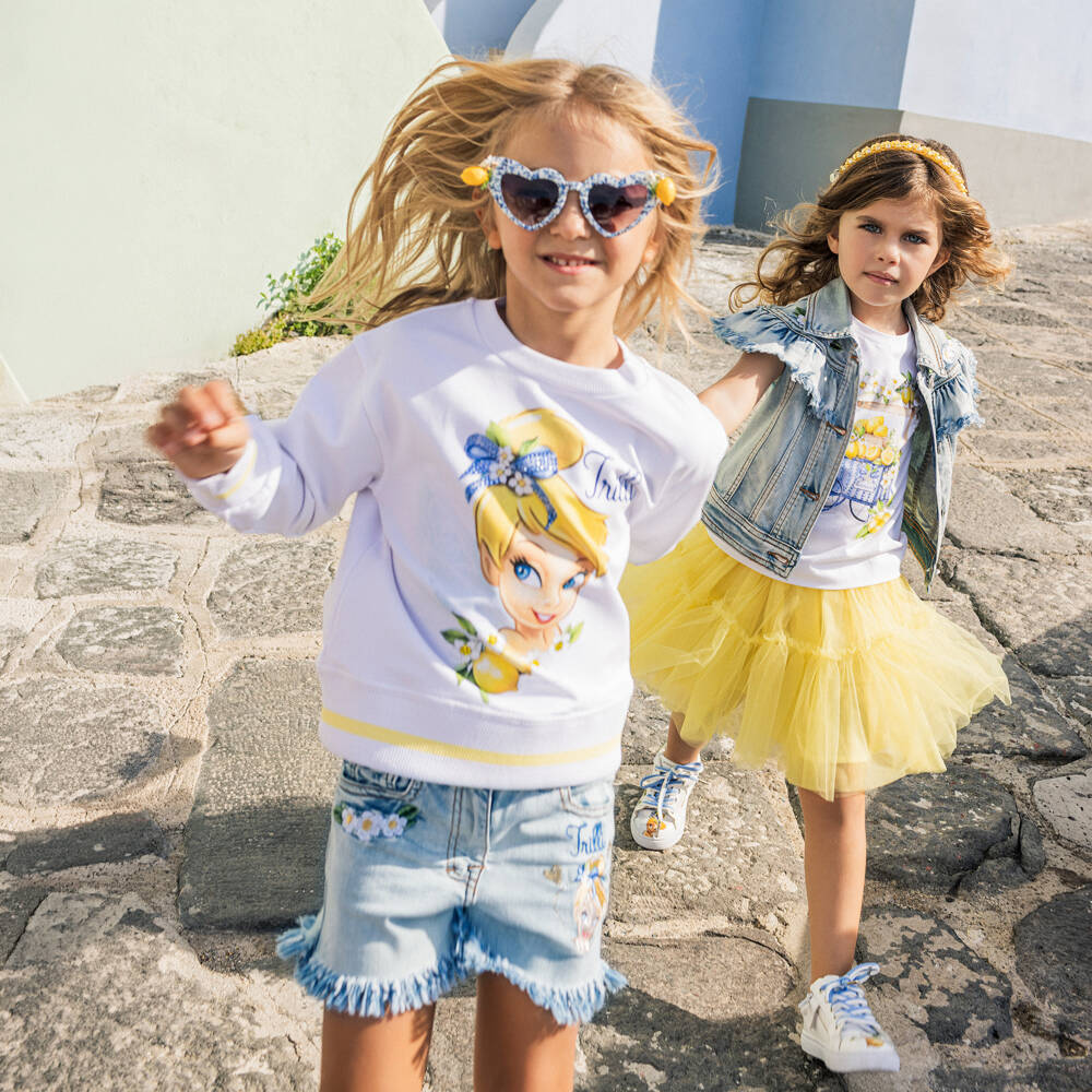 Monnalisa-Girls Blue Denim Shorts with Tinkerbell Embroidery | Childrensalon