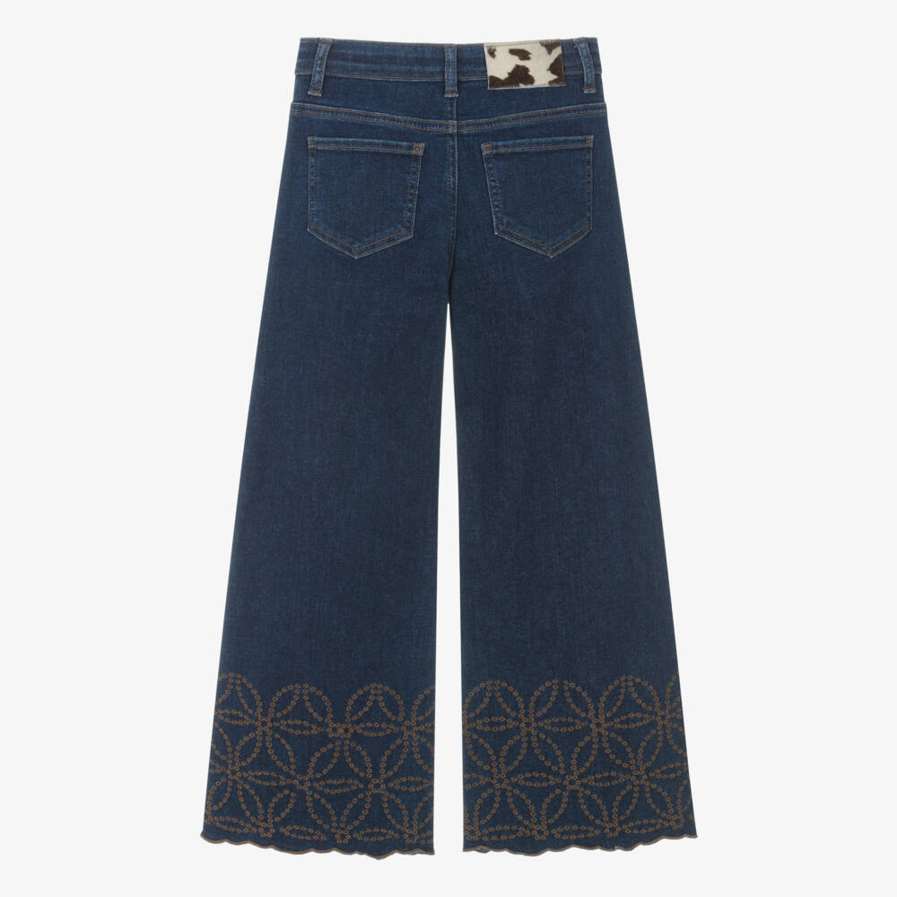 Monnalisa-Girls Blue Embroidered Wide-Leg Jeans | Childrensalon