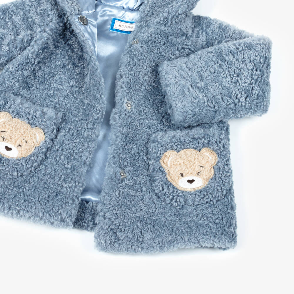 Monnalisa-Girls Blue Hooded Teddy Fleece Coat | Childrensalon