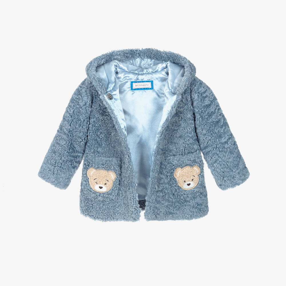 Monnalisa-Girls Blue Hooded Teddy Fleece Coat | Childrensalon