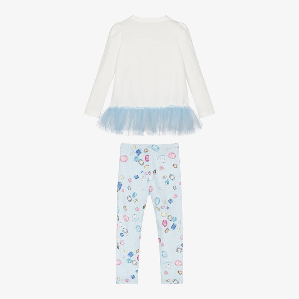 Monnalisa-Girls Blue & Ivory Cotton Jewel Leggings Set with Tulle Trim | Childrensalon