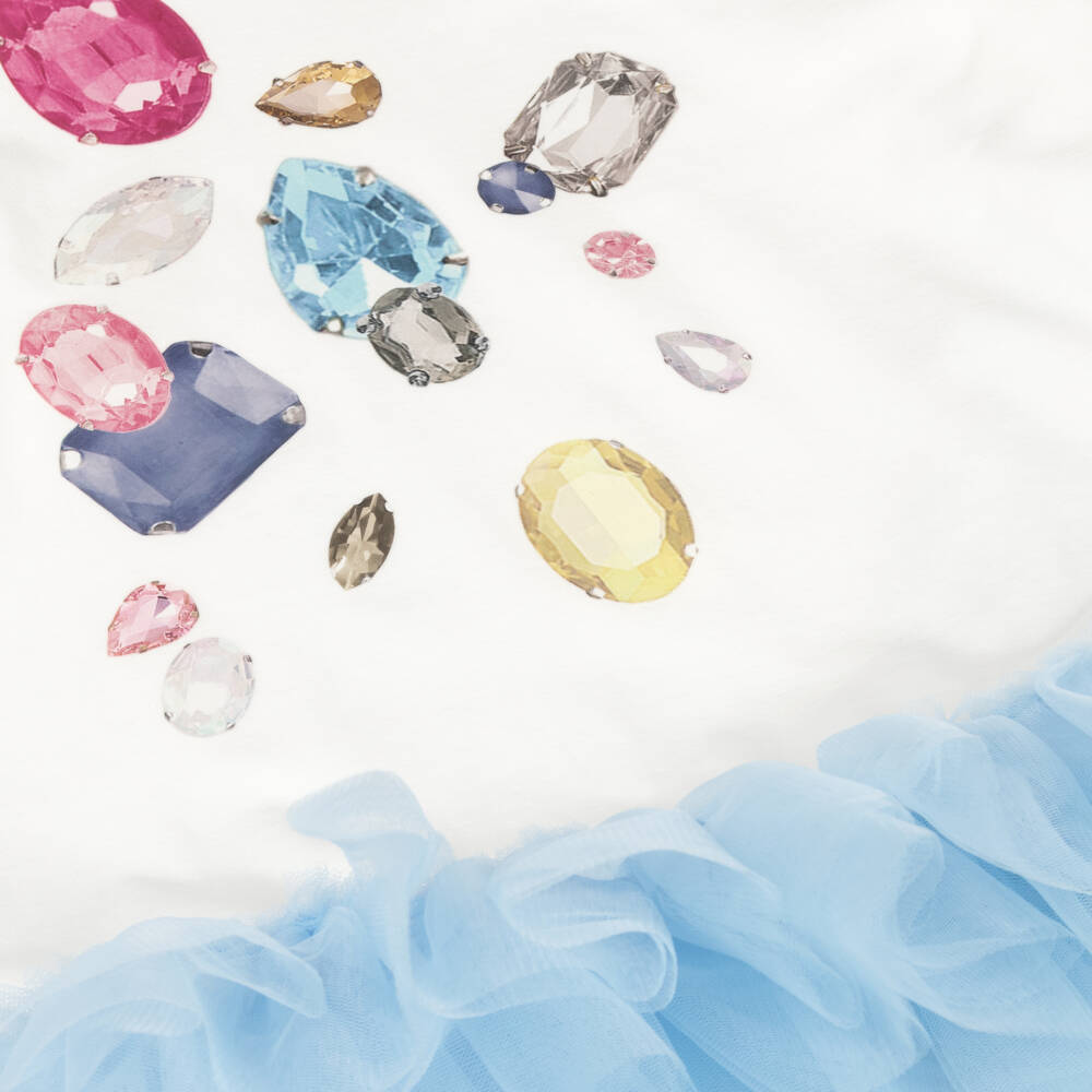 Monnalisa-Girls Blue & Ivory Cotton Jewel Leggings Set with Tulle Trim | Childrensalon