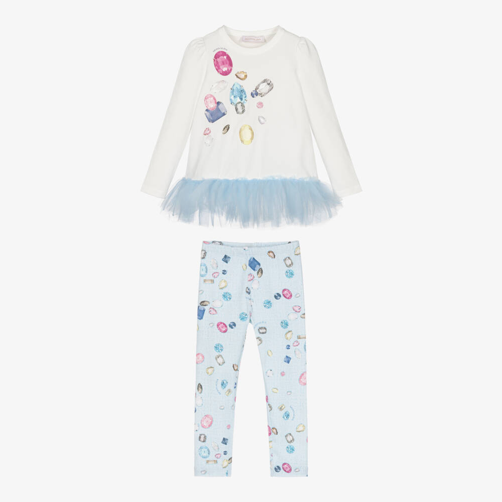 Monnalisa-Girls Blue & Ivory Cotton Jewel Leggings Set with Tulle Trim | Childrensalon
