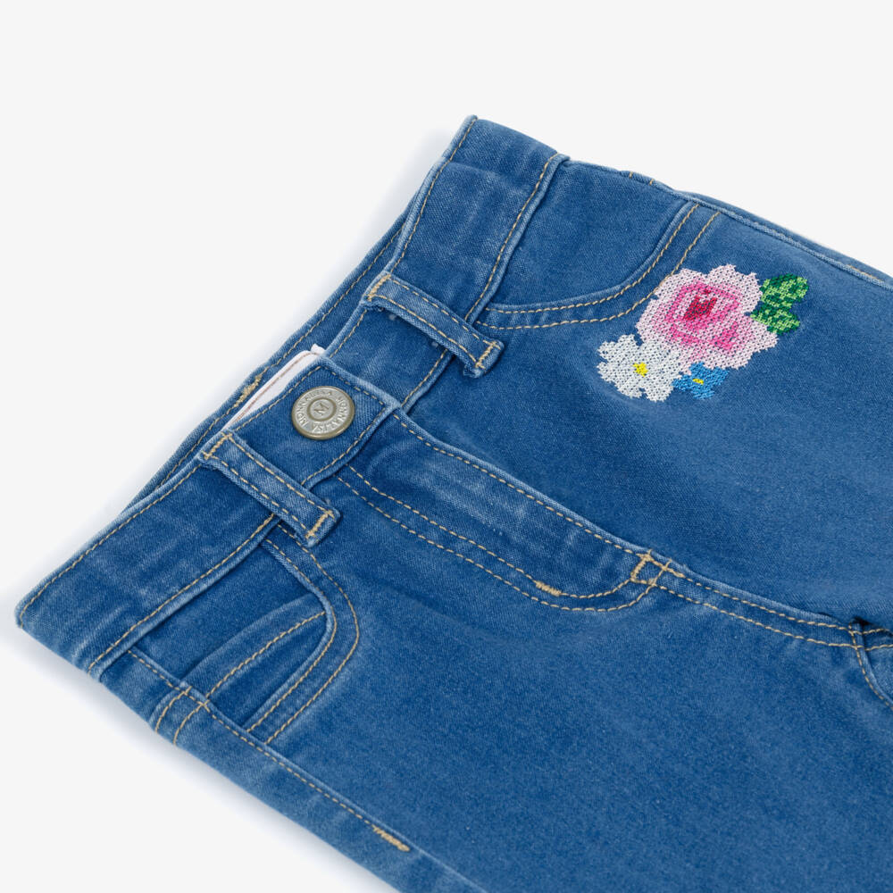 Monnalisa-Girls Blue Jeans with Floral Cross Stitch Embroidery | Childrensalon