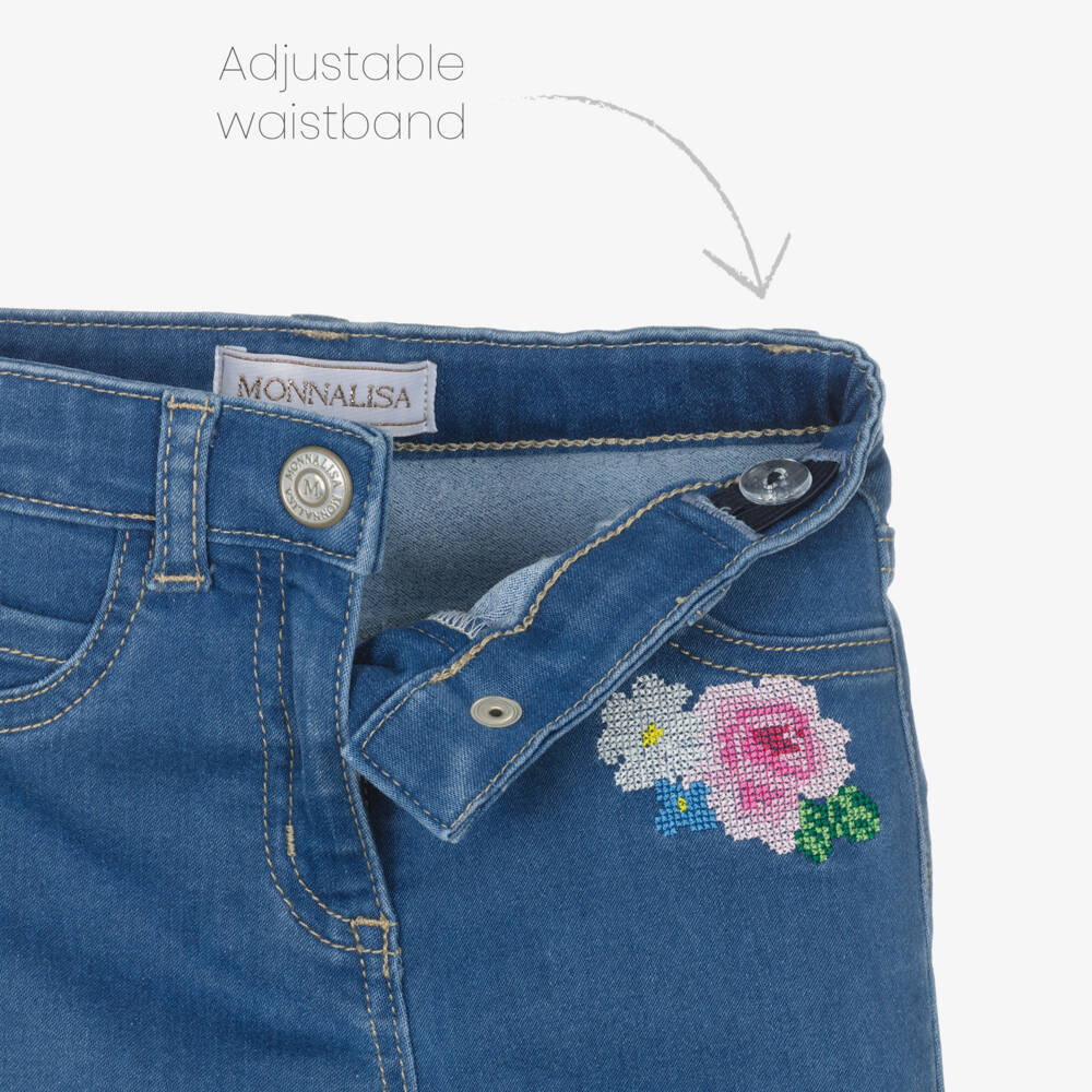 Monnalisa-Girls Blue Jeans with Floral Cross Stitch Embroidery | Childrensalon