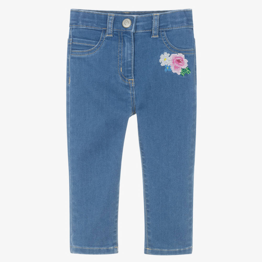 Monnalisa-Girls Blue Jeans with Floral Cross Stitch Embroidery | Childrensalon