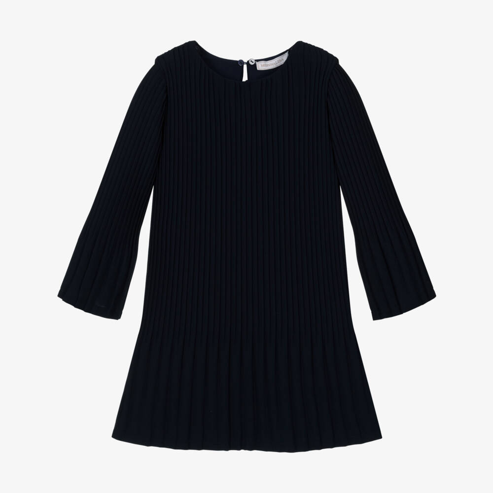 Monnalisa-Платье синее плиссе с белым воротником-бантом для девочек | Childrensalon