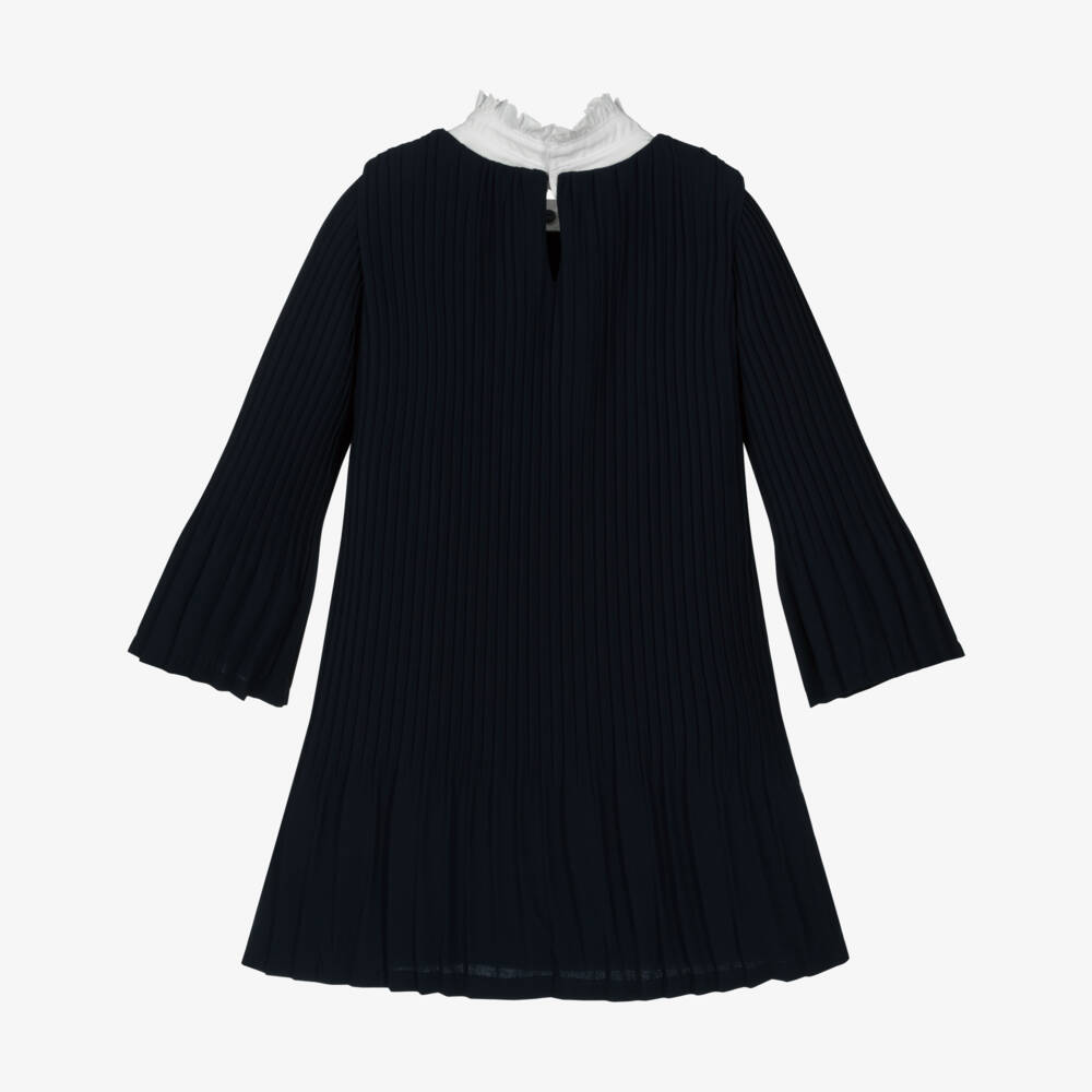 Monnalisa-Платье синее плиссе с белым воротником-бантом для девочек | Childrensalon