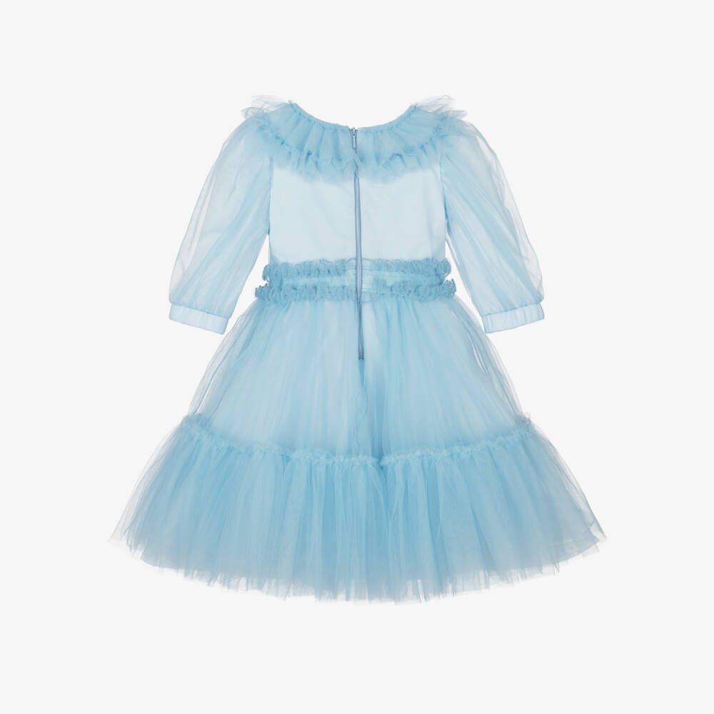 Monnalisa-Girls Blue Ruffle Collar Tulle Dress | Childrensalon