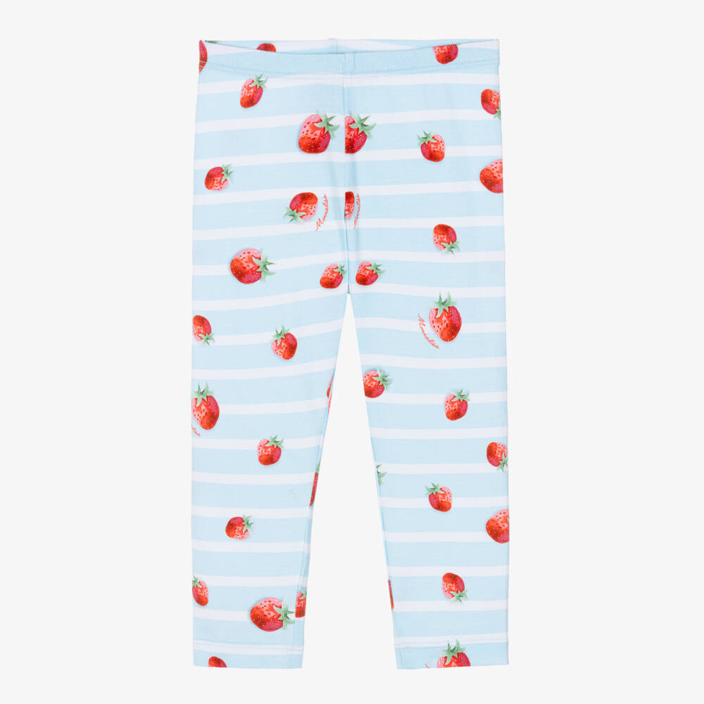 Monnalisa-Girls Blue Stripe Cotton Leggings with Strawberries & Logos | Childrensalon