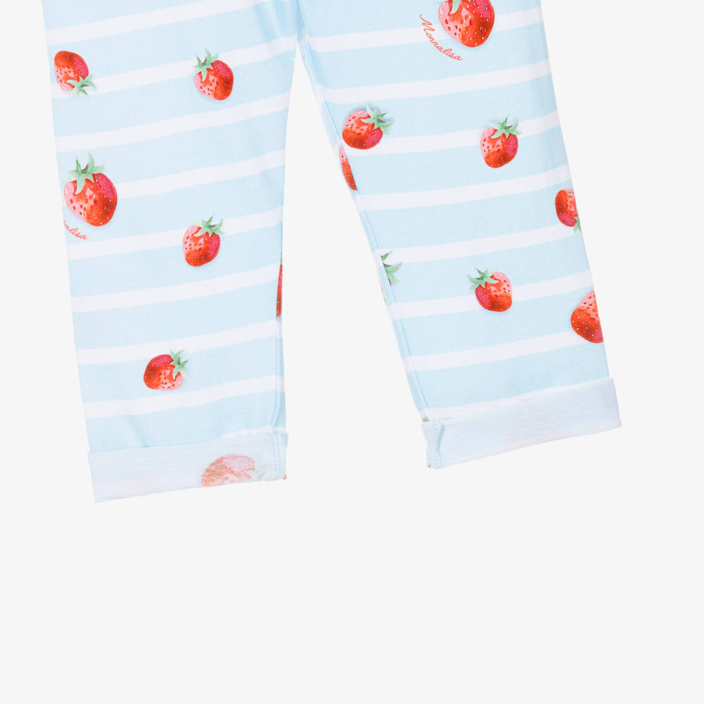 Monnalisa-Girls Blue Stripe Cotton Leggings with Strawberries & Logos | Childrensalon