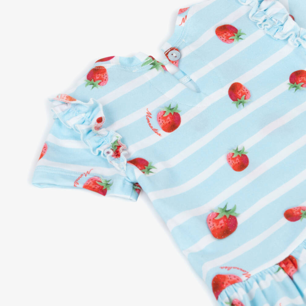 Monnalisa-Girls Blue Striped Cotton Strawberry Dress | Childrensalon