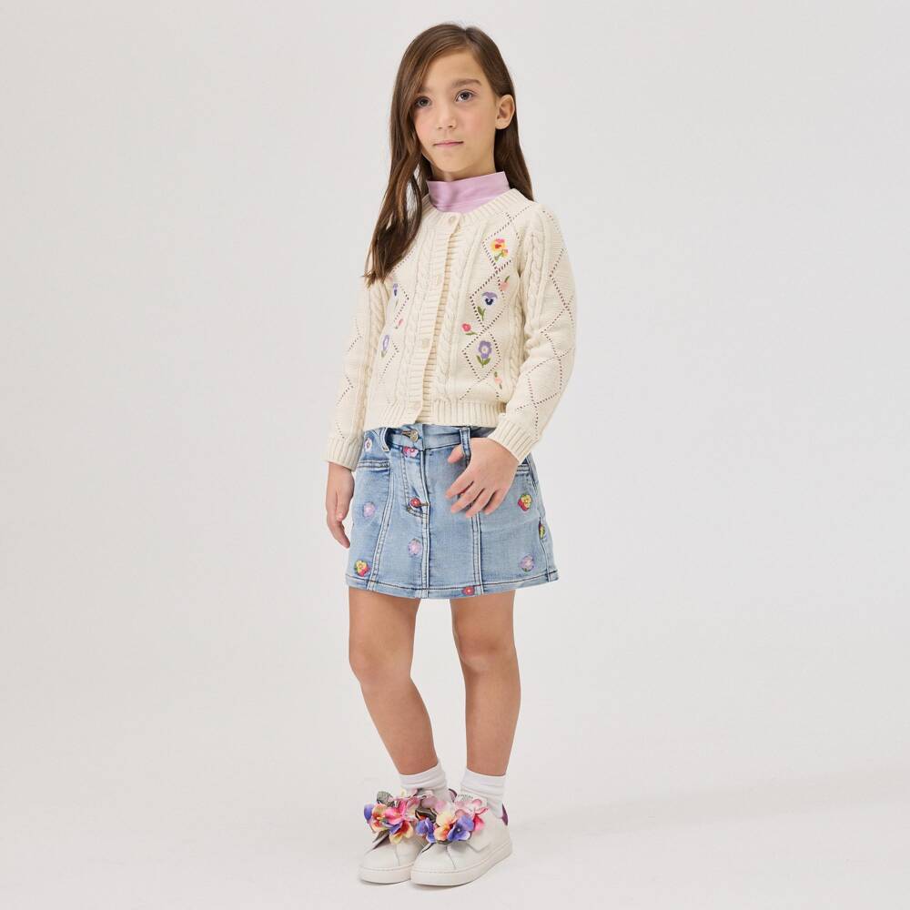 Monnalisa-Girls Blue Washed Denim Skirt with Embroidered Flowers | Childrensalon