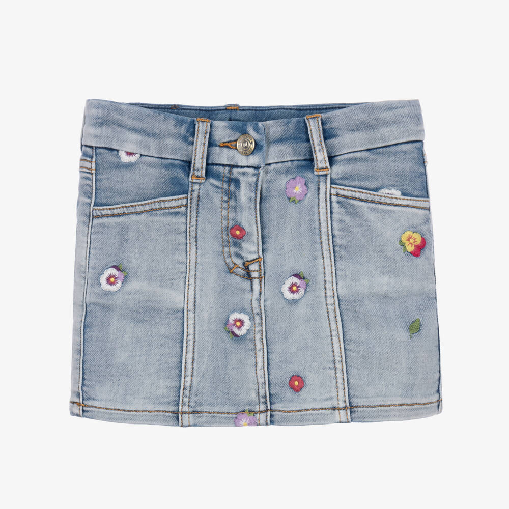 Monnalisa-Girls Blue Washed Denim Skirt with Embroidered Flowers | Childrensalon