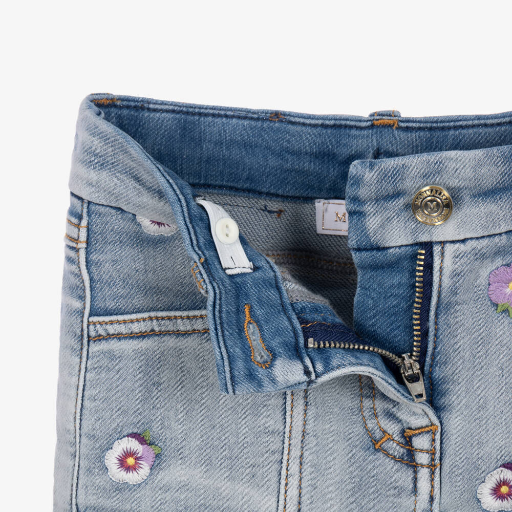 Monnalisa-Girls Blue Washed Denim Skirt with Embroidered Flowers | Childrensalon