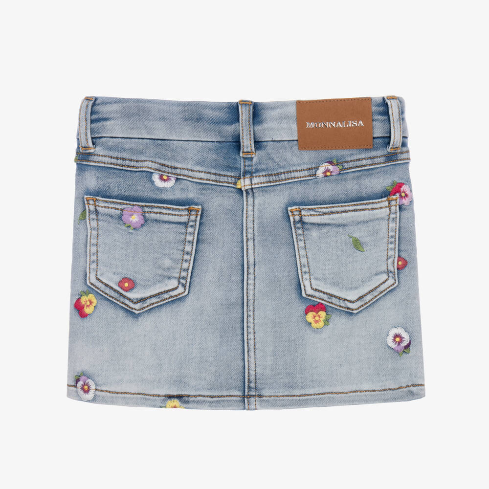 Monnalisa-Girls Blue Washed Denim Skirt with Embroidered Flowers | Childrensalon