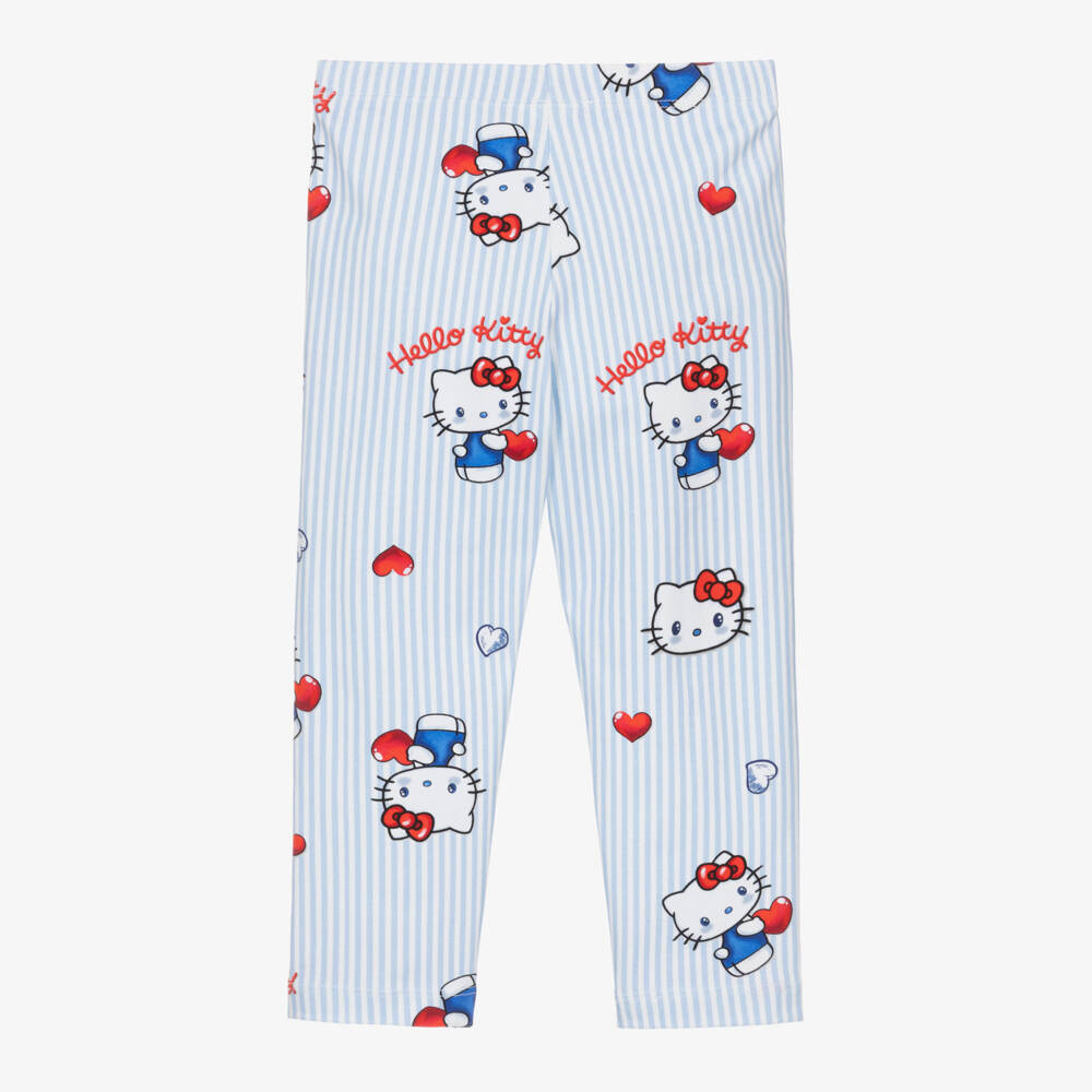 Monnalisa-Girls Blue & White Stripe Hello Kitty Leggings | Childrensalon