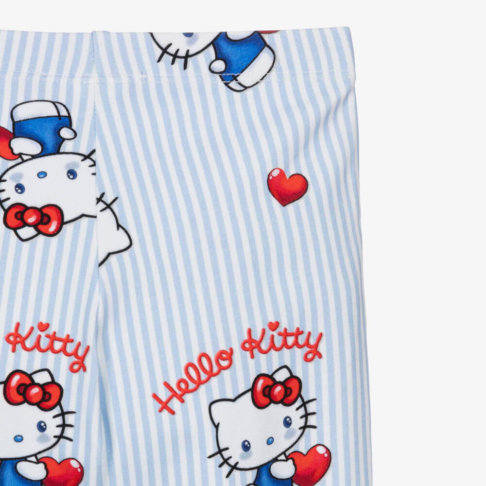 Monnalisa-Girls Blue & White Stripe Hello Kitty Leggings | Childrensalon
