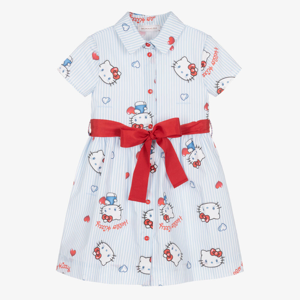 Monnalisa-Girls Blue & White Stripe Hello Kitty Shirt Dress | Childrensalon