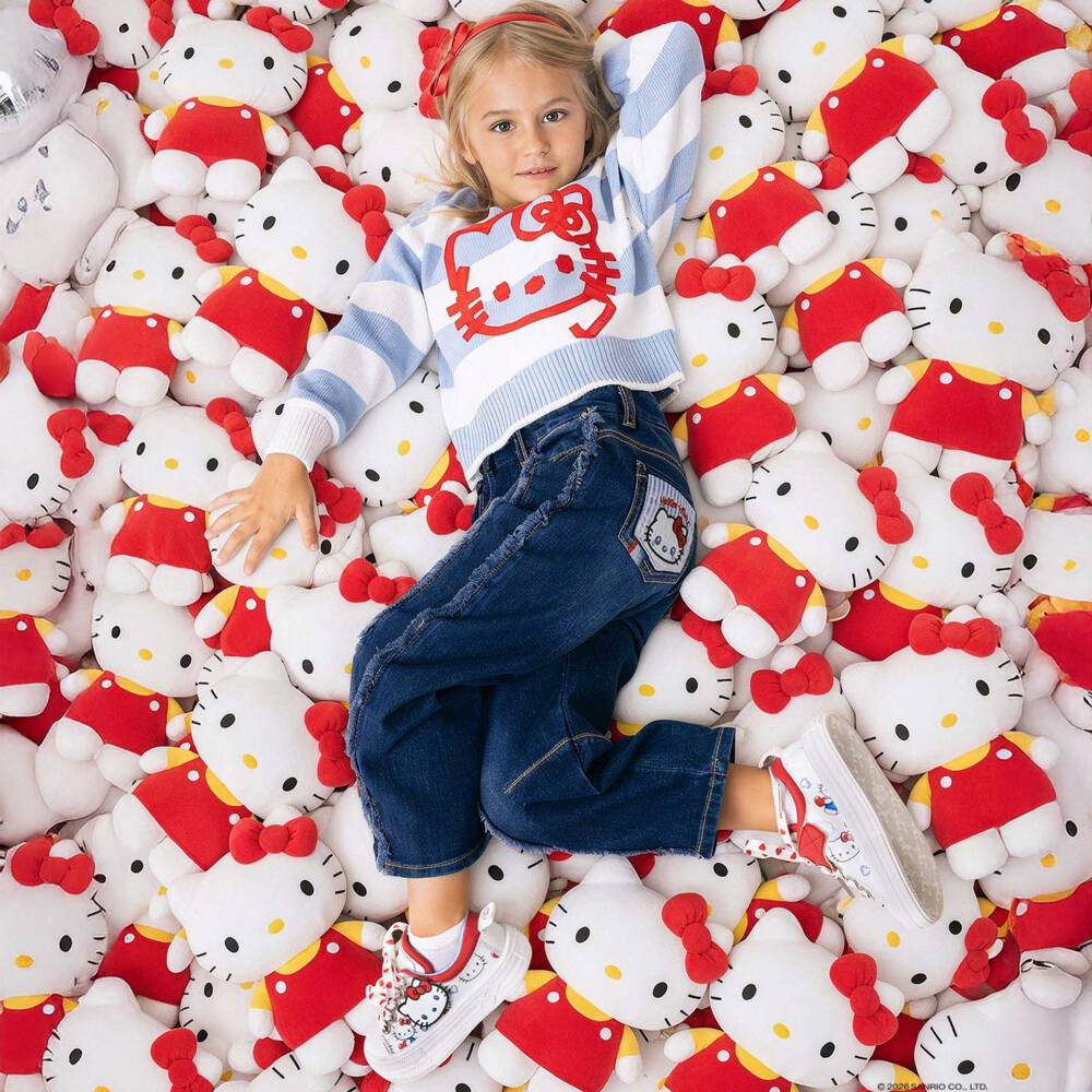 Monnalisa-Свитер в полоску сине-белый Hello Kitty для девочек | Childrensalon