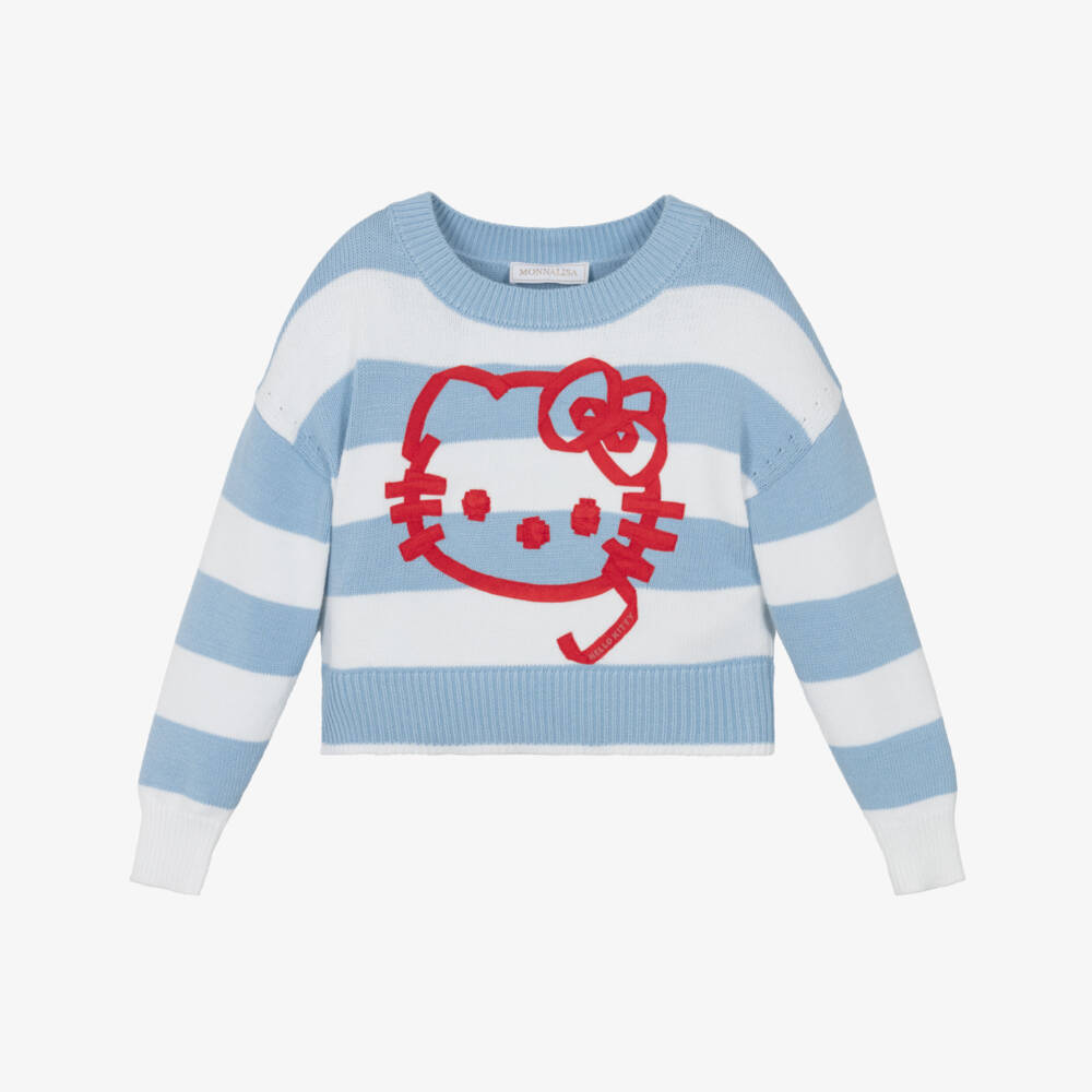 Monnalisa-Girls Blue & White Striped Hello Kitty Sweater | Childrensalon