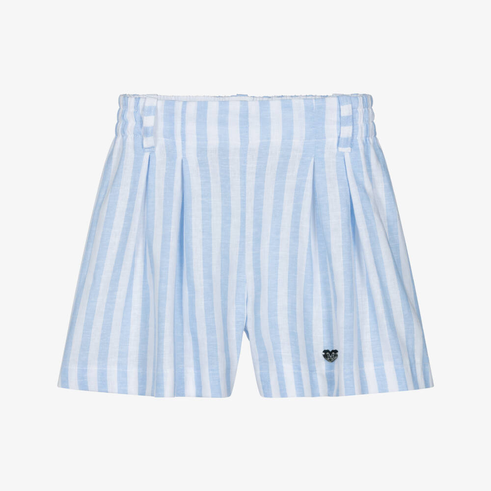 Monnalisa-Girls Blue & White Striped Shorts with Tie Belt | Childrensalon