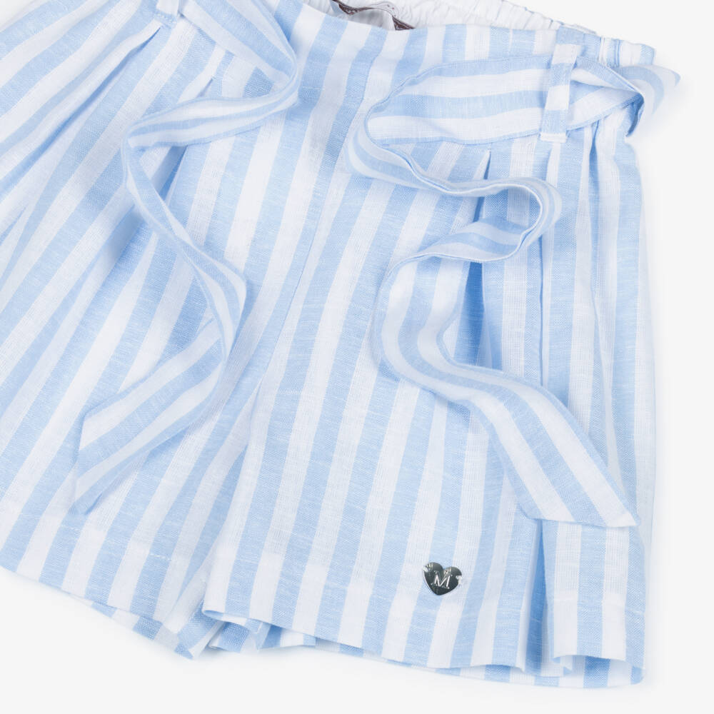 Monnalisa-Girls Blue & White Striped Shorts with Tie Belt | Childrensalon