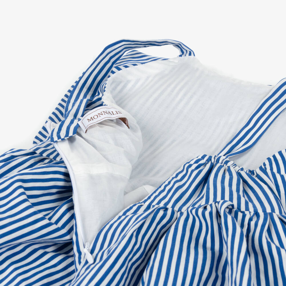 Monnalisa-Girls Blue & White Striped Sleeveless Dress with Bow | Childrensalon