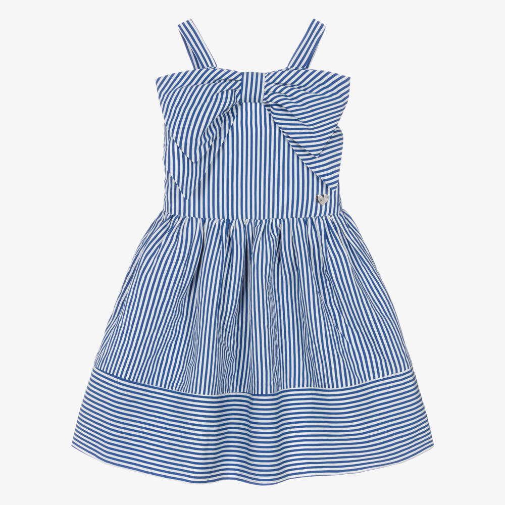 Monnalisa-Girls Blue & White Striped Sleeveless Dress with Bow | Childrensalon
