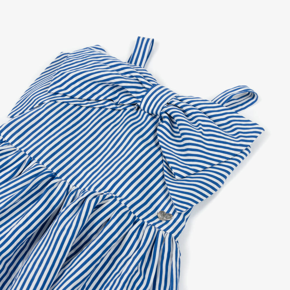 Monnalisa-Girls Blue & White Striped Sleeveless Dress with Bow | Childrensalon