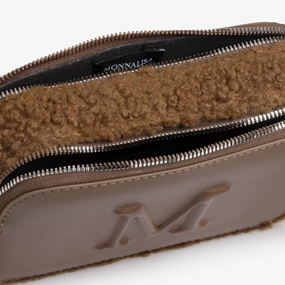 Monnalisa-Girls Brown Faux Leather Shoulder Bag with Cow Charm (20cm) | Childrensalon