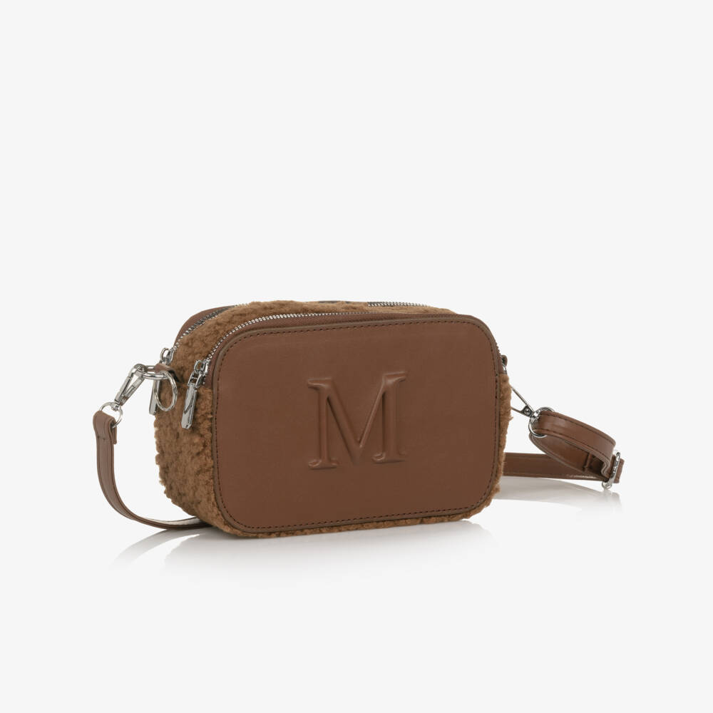 Monnalisa-Girls Brown Faux Leather Shoulder Bag with Cow Charm (20cm) | Childrensalon